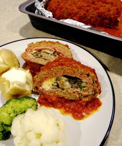 Rolled meatloaf with ham, cheese & spinach